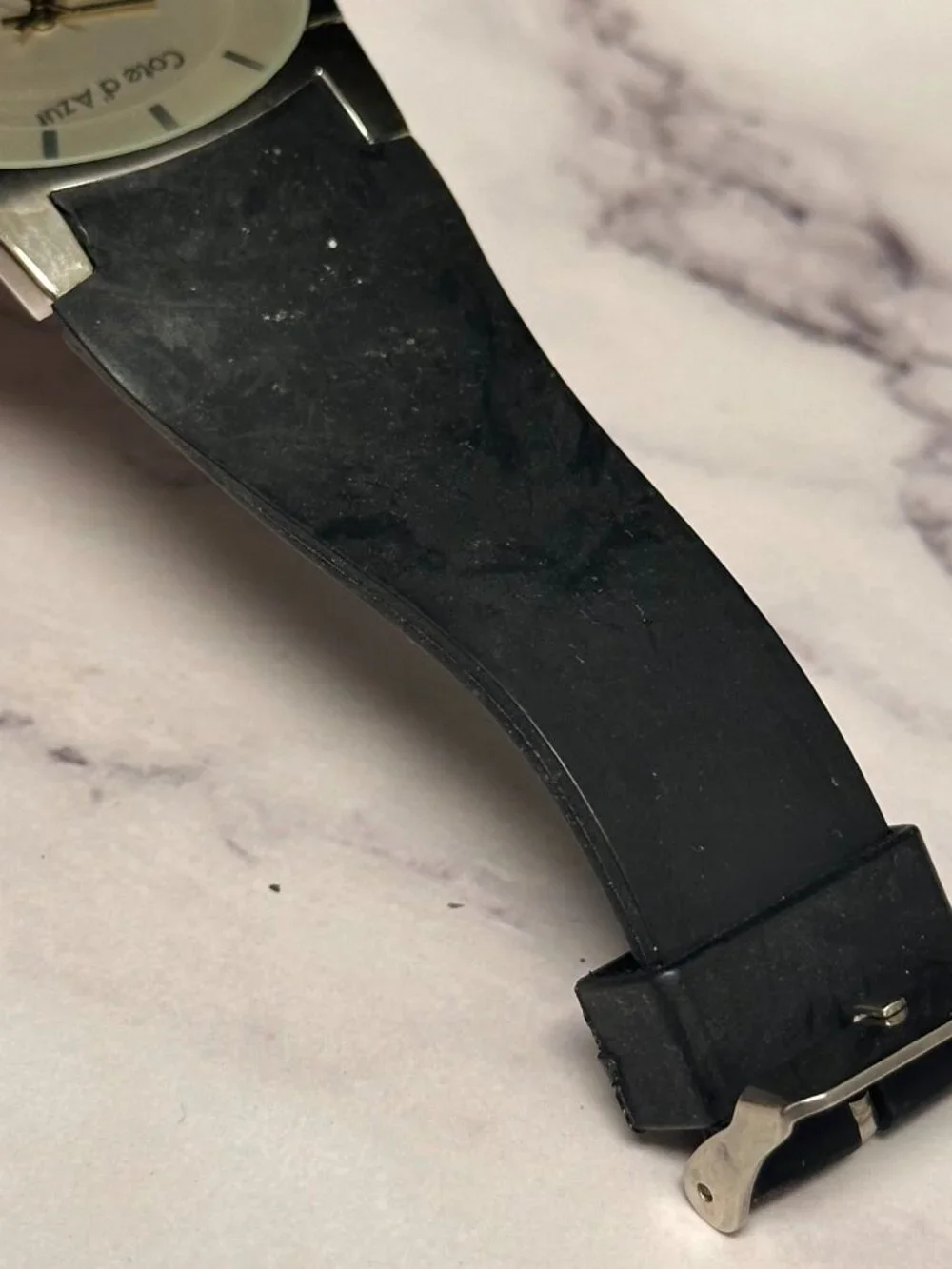 Cote d' Azur Watch Men Silver Tone Slim Round Black Resin Band New Battery 10